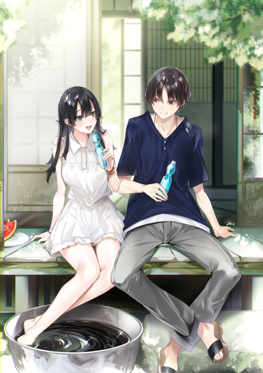 1boy 1girl absurdres architecture bare_legs bare_shoulders black_hair blue_shirt bottle breasts brown_eyes closed_mouth commentary_request cover cover_image cover_page day east_asian_architecture food fruit green_eyes highres hitotsuba_kaede holding holding_bottle kakao_(chocolate_land) long_hair looking_at_another medium_breasts novel_cover novel_illustration official_art open_door open_mouth ramune ryoushin_no_shakkin second-party_source shirt short_sleeves sidelocks sitting sliding_doors smile soaking_feet summer t-shirt teeth textless_version upper_teeth_only veranda watch watch water_bottle watermelon wing_collar wooden_floor yoshizumi_yuya
