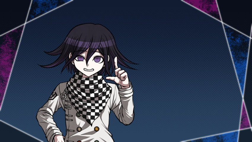 1boy arm_belt belt black_scarf blue_background buttons chain checkered_clothes checkered_scarf commentary_request cowboy_shot crazy_eyes crazy_grin crest danganronpa_(series) danganronpa_v3:_killing_harmony double-breasted hair_between_eyes hand_on_own_hip jacket layered_sleeves long_sleeves looking_at_viewer male_focus multicolored_buttons multiple_belts official_style oma_kokichi outside_border pale_skin parody pointing pointing_up polka_dot polka_dot_background purple_hair scarf short_hair simple_background solo style_parody two-tone_scarf violet_eyes white_belt white_jacket white_scarf white_sleeves yumaru_(marumarumaru)