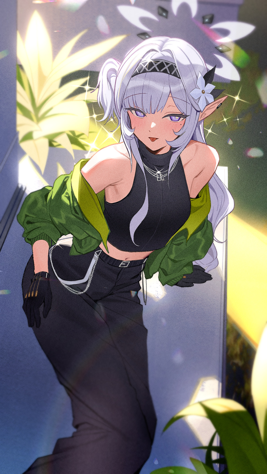 1girl arm_support bare_shoulders black_gloves black_pants black_shirt blue_archive blush cropped_shirt earclip flower gloves grey_halo hair_flower hair_ornament halo highres himari_(blue_archive) long_hair looking_at_viewer mole mole_under_eye off_shoulder pants pointy_ears shirt sleeveless sleeveless_shirt solo tongue tongue_out violet_eyes white_flower white_halo zanya_000