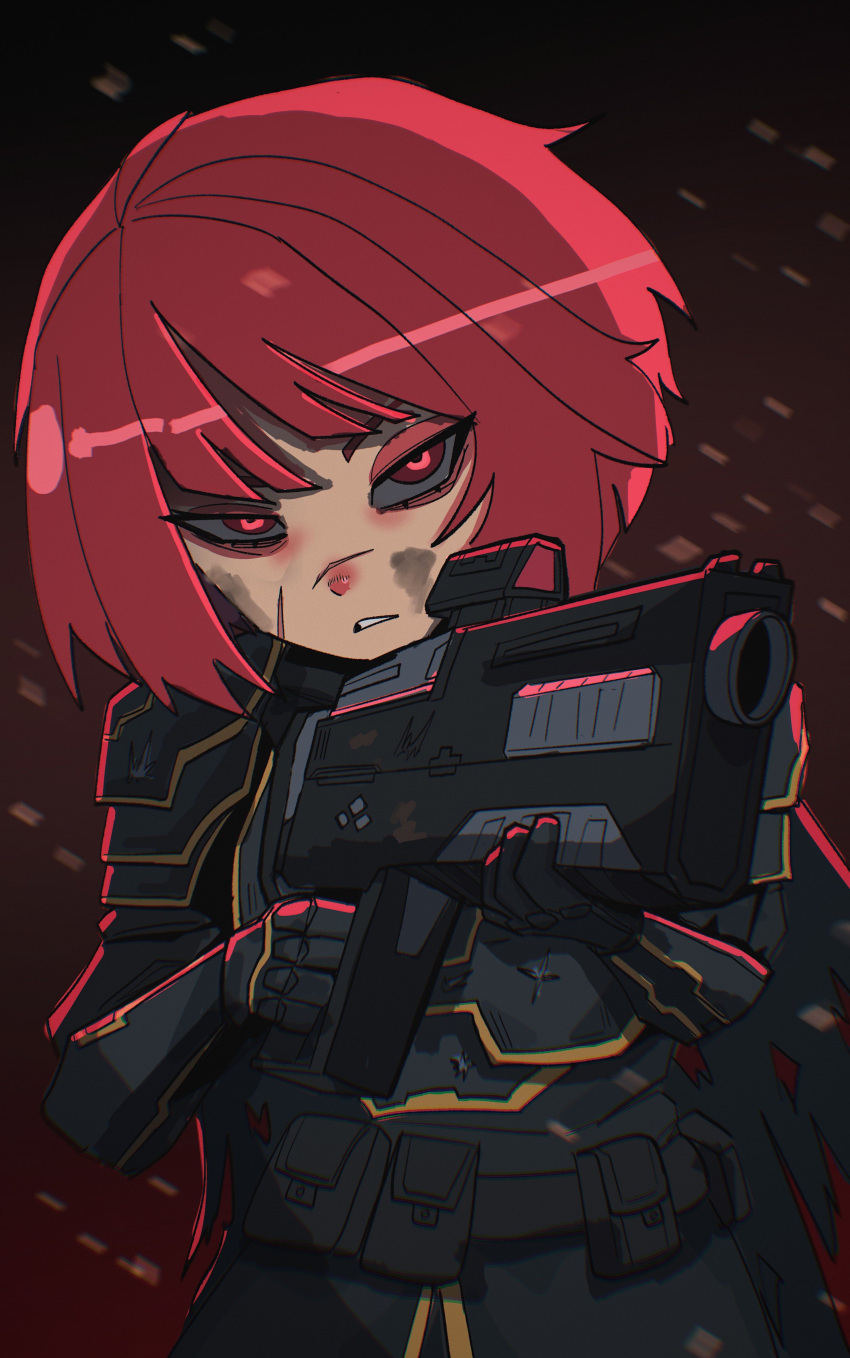 &gt;:( absurdres assault_rifle bags_under_eyes basedbinkie black_gloves bob_cut body_armor bullpup dirty dirty_clothes dirty_face frown gloves glowing_pupils gun helldivers_(series) highres military_uniform optical_sight red_eyes redhead rifle scar scar_on_face scar_on_nose serious short_hair sparks uniform v-shaped_eyebrows weapon