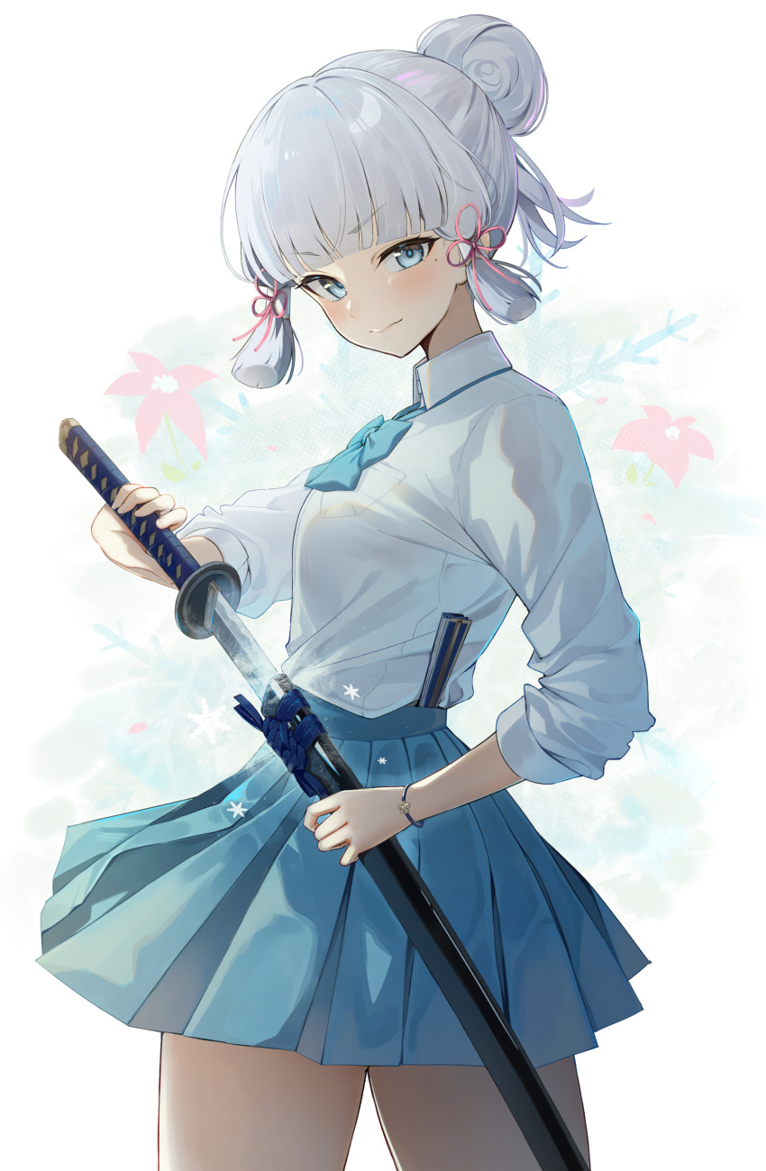 1girl absurdres alternate_costume alternate_hairstyle auui blue_bow blue_bowtie blue_eyes blue_hair blue_skirt bow bowtie closed_mouth commentary_request cowboy_shot floral_background from_behind genshin_impact hair_bun hair_ribbon highres holding holding_sword holding_weapon kamisato_ayaka katana light_blue_hair looking_at_viewer looking_back mole mole_under_eye pink_ribbon pleated_skirt ribbon scabbard sheath shirt sidelocks simple_background single_hair_bun skirt solo sword twisted_torso unsheathing weapon white_background white_shirt