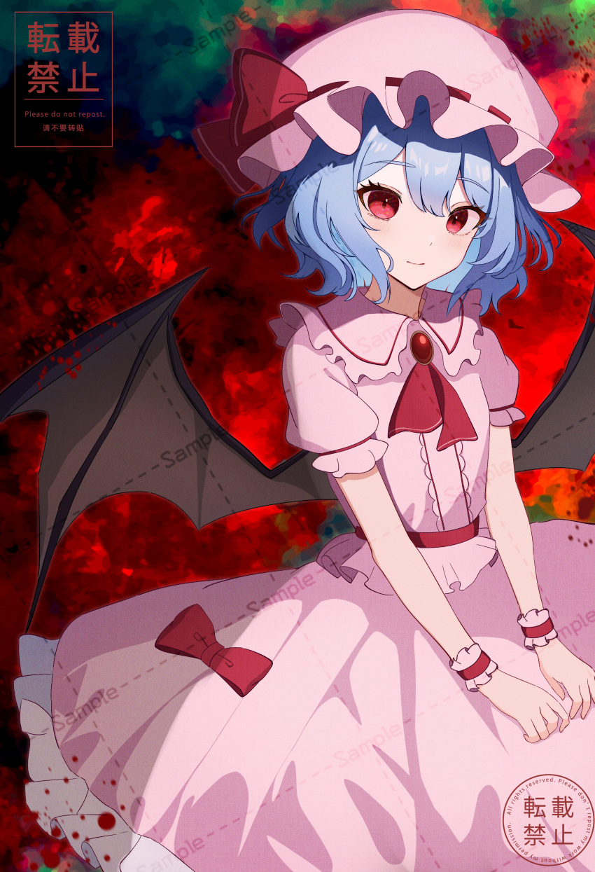 1girl absurdres ascot bat_wings black_wings blue_hair brooch center_frills closed_mouth commentary_request frilled_shirt_collar frilled_skirt frills hat hat_ribbon highres jewelry long_hair maizumi medium_hair pink_hair pink_skirt puffy_short_sleeves puffy_sleeves red_ascot red_eyes red_ribbon red_sash remilia_scarlet ribbon sash short_sleeves skirt smile touhou wings wristband