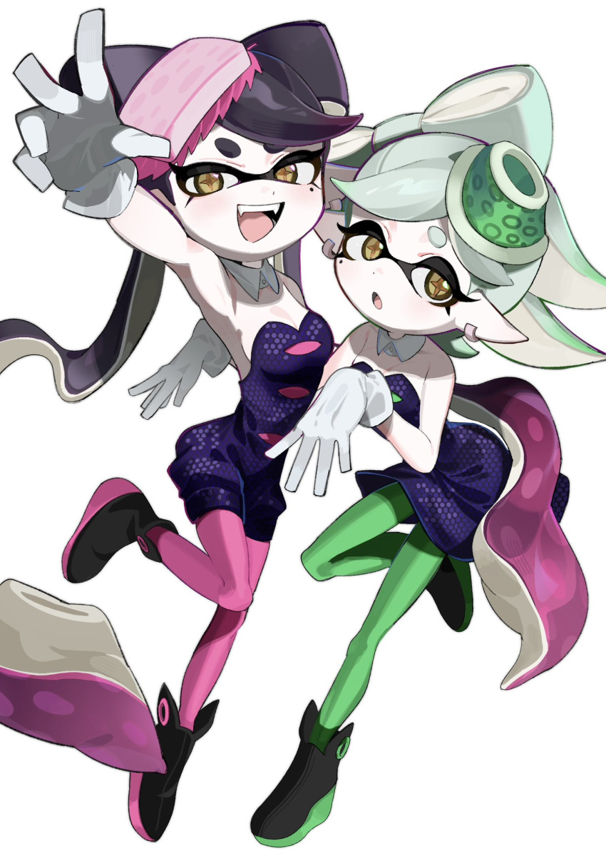 2girls :d absurdly_long_hair black_dress black_footwear black_hair black_jumpsuit bow-shaped_hair breasts callie_(splatoon) collar detached_collar dress earrings fangs full_body gloves gradient_hair green_pantyhose grey_hair hands_up highres hoop_earrings inkling jewelry jumpsuit lat_latte71 light_blush long_hair looking_at_viewer marie_(splatoon) mole mole_under_eye multicolored_hair multiple_girls open_mouth orange_pupils outstretched_arm pantyhose pink_hair pink_pantyhose pointy_ears short_hair short_jumpsuit small_breasts smile splatoon_(series) splatoon_1 standing standing_on_one_leg star-shaped_pupils star_(symbol) strapless strapless_dress suction_cups swept_bangs symbol-shaped_pupils teeth tentacle_hair thick_eyebrows twintails upper_teeth_only very_long_hair white_collar white_gloves yellow_eyes