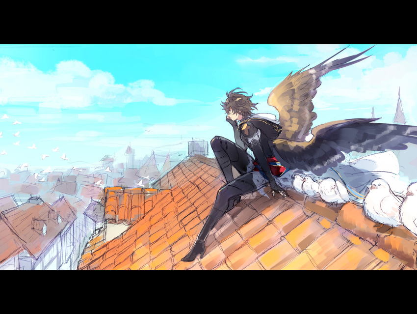 1boy ahoge bird bishounen blue_sky boots brown_hair brown_wings clouds cloudy_sky commentary commentary_request feathered_wings fingerless_gloves full_body gloves granblue_fantasy hair_between_eyes hand_on_own_chin high_heel_boots high_heels highres hood hood_down house male_focus messy_hair on_roof osamu_(jagabata) pigeon red_eyes sandalphon_(granblue_fantasy) scenery short_hair sketch sky solo_focus tile_roof too_many too_many_birds wings
