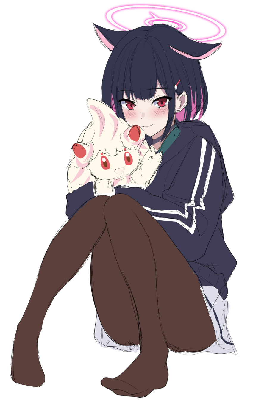 1girl absurdres alcremie animal animal_ears black_choker black_hair black_hoodie blue_archive blunt_bangs blush bob_cut brown_pantyhose cat_ears choker closed_mouth colored_inner_hair commentary_request commission convenient_leg extra_ears hair_ornament hairclip halo happy hibika highres holding holding_animal hood hood_down hoodie kazusa_(blue_archive) knees_together_feet_apart long_sleeves looking_at_viewer multicolored_hair no_shoes pantyhose pink_hair pink_halo pokemon red_eyes short_hair simple_background sitting skeb_commission sketch smile solo tsurime unfinished white_background
