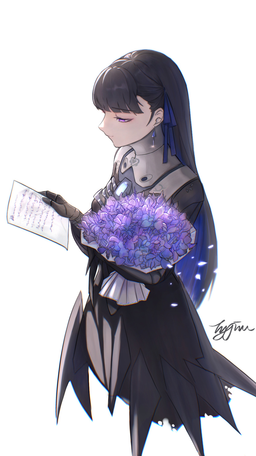 black_dress black_hair blue_hair blue_ribbon bouquet colored_inner_hair commentary_request dress earrings flower flower_request gradient_hair hair_ribbon high_collar highres holding holding_bouquet holding_letter jewelry letter long_hair long_sleeves mechanical_hands mechanical_parts multicolored_hair punishing:_gray_raven purple_flower ribbon selena:_tempest_(punishing:_gray_raven) selena_(punishing:_gray_raven) signature violet_eyes