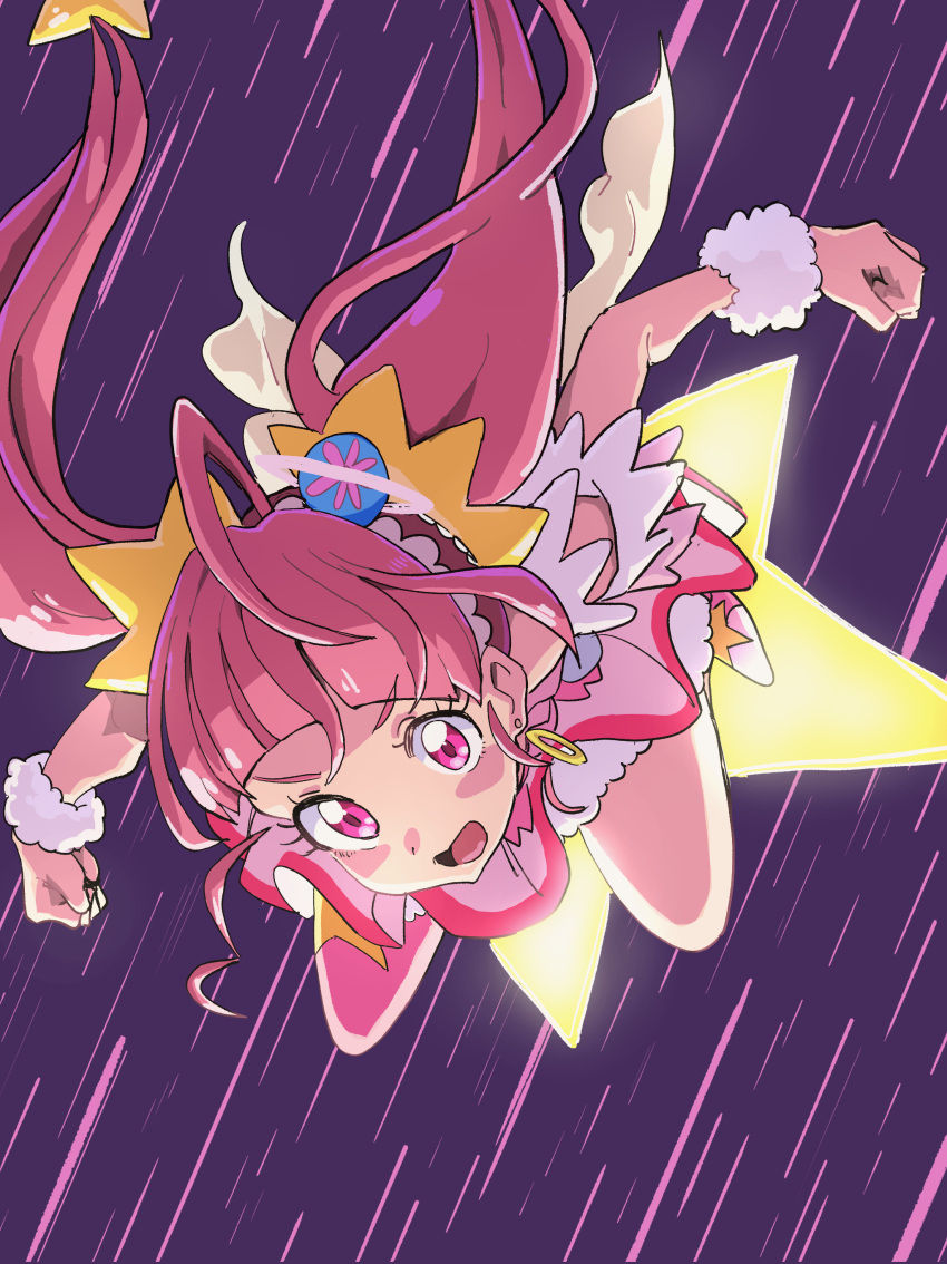 1girl :o absurdres ahoge cure_star dot_nose dress earrings full_body gya-tei hair_ornament highres hoshina_hikaru jewelry long_hair looking_at_viewer magical_girl open_mouth petticoat pink_dress pink_eyes pink_footwear pink_hair precure purple_background shoes short_dress simple_background solo star_twinkle_precure twintails white_wrist_cuffs wrist_cuffs