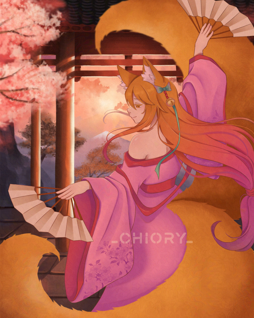 absurdres animal_ears artist_logo bad_source chiory colored_eyelashes dancing floral_print fox_ears fox_tail hair_ornament highres japanese_clothes kimono kitsune long_hair miko miko_(no_game_no_life) multicolored_hair multiple_tails no_game_no_life orange_eyes orange_hair shrine sunset tail two_tails