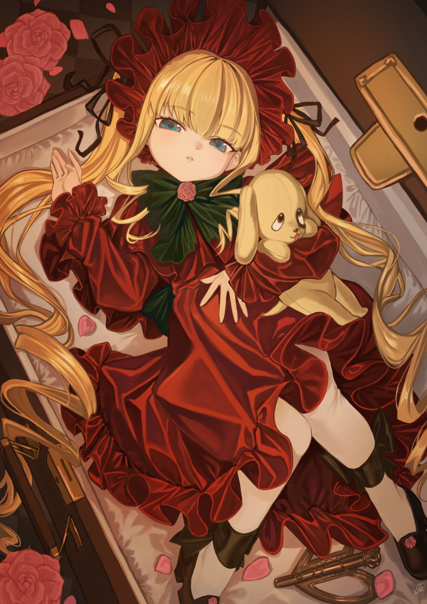1girl absurdres alicetarrandalf blonde_hair blue_eyes bonnet dress flower full_body highres holding holding_stuffed_toy kunkun long_hair looking_at_viewer lying on_back pantyhose parted_lips petals pink_flower pink_rose red_dress rose rozen_maiden shinku solo stuffed_animal stuffed_dog stuffed_toy suitcase twintails very_long_hair white_pantyhose winding_key