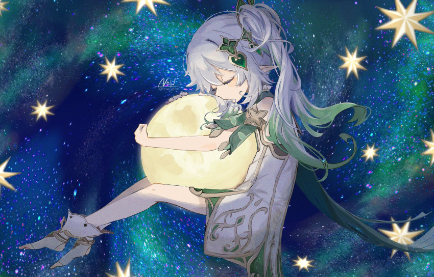 1girl artist_name blush cape closed_eyes commentary_request detached_sleeves dress eyelashes floating full_moon genshin_impact gold_trim gradient_hair green_cape green_dress green_hair green_sleeves hair_between_eyes hair_ornament highres holding_moon hugging_object long_hair moon multicolored_hair nahida_(genshin_impact) new_(new_gnsn) night night_sky parted_lips pointy_ears short_sleeves side_ponytail sidelocks signature sky sleeveless sleeveless_dress solo star_(sky) star_(symbol) starry_sky streaked_hair twitter_username u_u white_dress white_hair