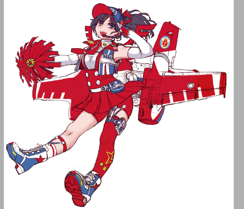 1girl airplane_wing asymmetrical_legwear baseball_cap black_hair blue_eyes cheerleader elbow_gloves gloves hat holding looking_at_viewer mecha_musume mismatched_legwear open_mouth original people's_republic_of_china_flag personification pom_pom_(cheerleading) ponytail red_skirt single_thighhigh skirt smile socks solo thigh-highs white_background z.s.w.