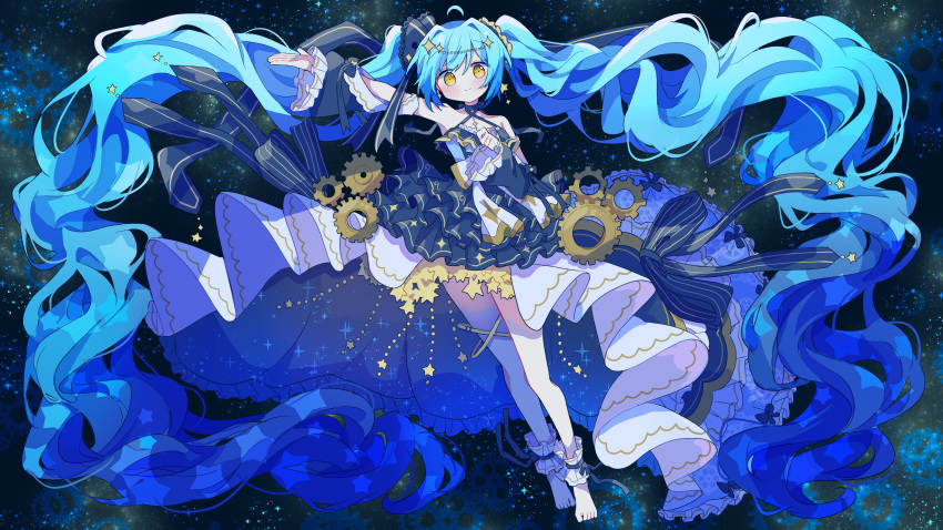 1girl absurdly_long_hair absurdres ahoge ankle_cuffs arm_up barefoot blue_dress blue_hair commentary_request detached_sleeves dress futaba969649 galaxy gears hand_up hatsune_miku highres long_hair looking_at_viewer showgirl_skirt smile solo twintails very_long_hair vocaloid wavy_hair yellow_eyes
