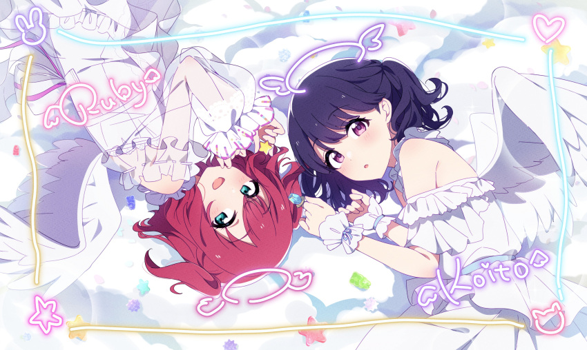 2girls absurdres angel_wings bare_shoulders black_hair commentary_request dress feathered_wings fukumaru_koito green_eyes highres idolmaster idolmaster_shiny_colors kurosawa_ruby long_hair long_sleeves looking_at_viewer love_live! love_live!_sunshine!! lying multiple_girls on_side open_mouth redhead reikakrzk see-through see-through_sleeves sleeveless sleeveless_dress swept_bangs twintails two_side_up upper_body violet_eyes white_dress wings