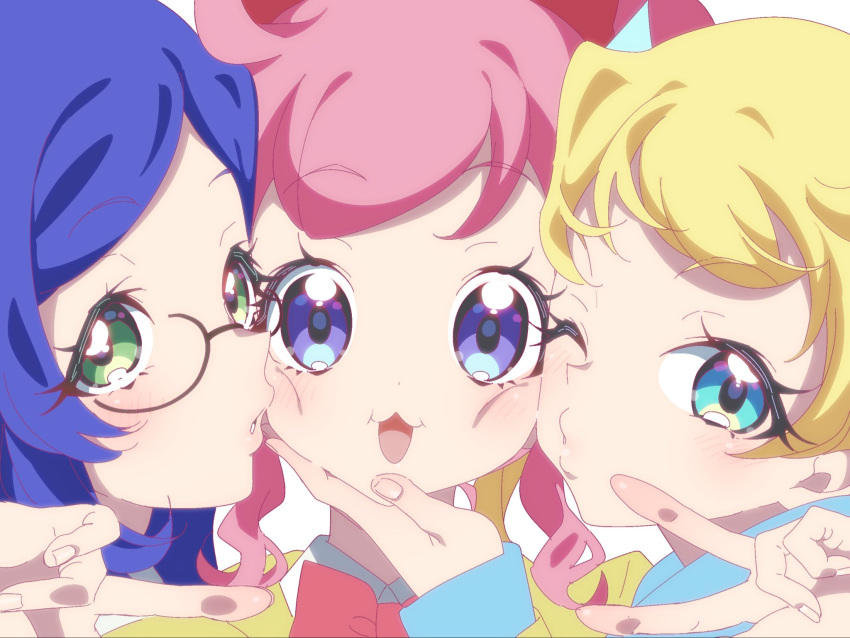 3girls :3 anchiki_shou aoba_rinka archived_source bad_id bad_twitter_id blonde_hair blue_eyes blue_hair blush glasses green_eyes hand_on_another's_chin highres kiratto_pri_chan long_hair looking_at_viewer moegi_emo momoyama_mirai multiple_girls o3o one_eye_closed open_mouth parted_lips pink_hair portrait pretty_series puffy_cheeks sidelocks smile v violet_eyes