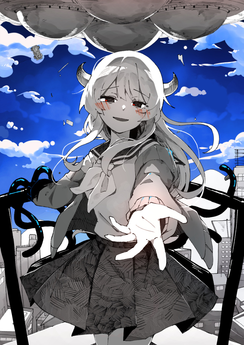 1girl ankaketomato beckoning blue_sky blush building car cardigan cevio cityscape cowboy_shot floating floating_hair floating_object greyscale_with_colored_background half-closed_eyes hand_on_railing highres horns isei_ni_ikou_ne_(cevio) long_hair long_sleeves looking_at_viewer motor_vehicle neckerchief on_rooftop open_cardigan open_clothes open_mouth outdoors outstretched_hand pleated_skirt red_eyes sad_smile school_uniform serafuku skirt sky solo spot_color standing tentacle_arm ufo