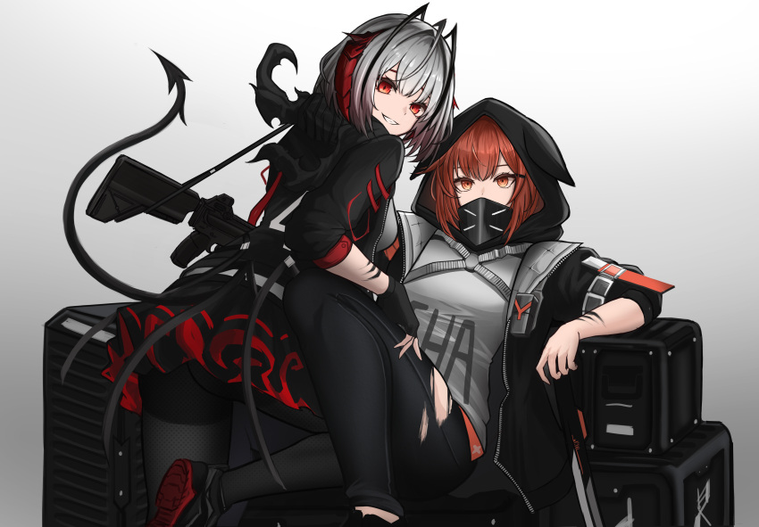 2girls absurdres antenna_hair arknights black_jacket black_pantyhose commentary commission couch crownslayer_(arknights) demon_horns demon_tail english_commentary gradient_background grenade_launcher grey_background grey_shirt highres hood hooded_jacket horns jacket looking_at_viewer looking_back mask material_growth multiple_girls myb52 orange_eyes orange_hair oripathy_lesion_(arknights) pantyhose pixiv_commission red_eyes redhead shirt sitting sitting_on_lap sitting_on_person tail torn_clothes torn_pantyhose upper_body w_(arknights) weapon