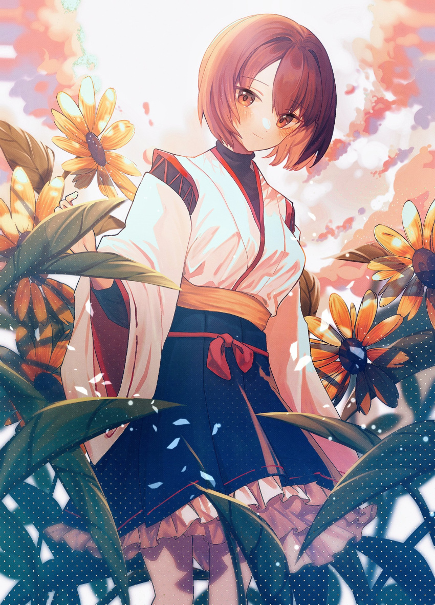 1girl absurdres black_hakama blush brown_eyes brown_hair closed_mouth clouds cowboy_shot flower hakama hakama_short_skirt hakama_skirt highres hyuuga_(kancolle) hyuuga_kai_ni_(kancolle) japanese_clothes kantai_collection kazeshio looking_at_viewer outdoors plant revision short_hair skirt sky solo standing undershirt white_sky wide_sleeves