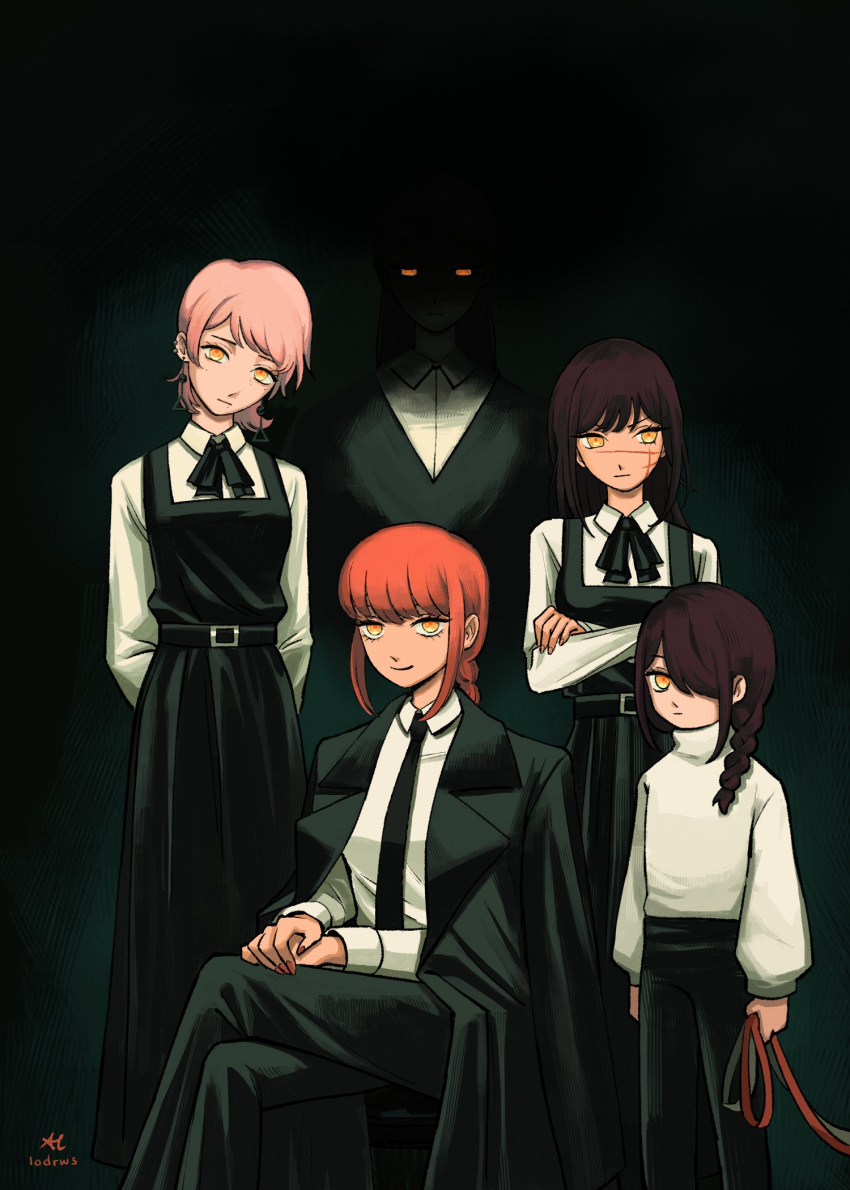 5girls arms_behind_back artist_name asymmetrical_bangs black_hair black_necktie black_pants braid braided_ponytail breasts brown_hair business_suit chainsaw_man child collared_shirt cross_scar crossed_arms death_devil_(chainsaw_man) dress earrings expressionless fami_(chainsaw_man) family_portrait formal glowing glowing_eyes habit highres holding holding_leash jewelry leash lodrws long_hair looking_at_viewer looking_to_the_side makima_(chainsaw_man) medium_breasts medium_hair mole mole_on_cheek mole_under_eye mole_under_mouth multiple_girls multiple_moles nayuta_(chainsaw_man) neck_ribbon necktie nun office_lady pants pinafore_dress pink_hair redhead ribbon ringed_eyes scar scar_on_cheek scar_on_face scar_on_nose school_uniform shaded_face shirt shirt_tucked_in siblings sidelocks signature simple_background sisters sitting sleeveless sleeveless_dress smile strawberry_parfait suit tall_female tassel tassel_earrings traditional_nun white_shirt yellow_eyes yoru_(chainsaw_man)