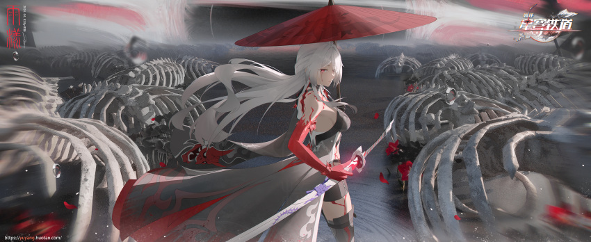 1girl absurdres acheron_(honkai:_star_rail) ame999 bare_shoulders black_shorts breasts commentary_request hair_over_one_eye highres holding holding_sword holding_umbrella holding_weapon honkai:_star_rail honkai_(series) large_breasts official_alternate_color official_alternate_eye_color official_alternate_hair_color pale_skin red_eyes red_hands red_umbrella scabbard sheath shorts skeleton solo sword thigh-highs umbrella weapon white_hair
