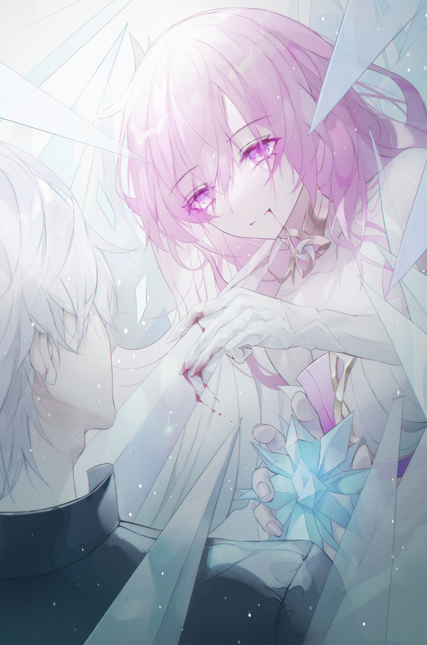 1boy 1girl absurdres bare_shoulders black_jacket blood blood_from_mouth blood_on_hands blue_flower breasts bridal_veil collarbone commentary crystal_flower diamond-shaped_pupils diamond_(shape) dress elysia_(herrscher_of_human:ego)_(honkai_impact) elysia_(honkai_impact) english_commentary flower gloves highres holding holding_flower honkai_(series) honkai_impact_3rd ice jacket kevin_kaslana large_breasts looking_at_another pink_hair purple_pupils smile spoilers symbol-shaped_pupils turbulence veil violet_eyes white_dress white_gloves white_hair