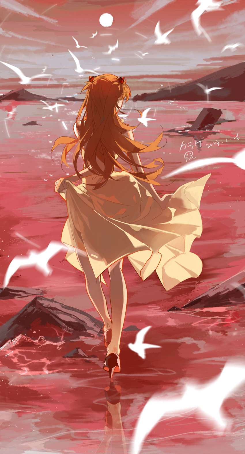 1girl absurdres artist_name clouds dated dress facing_away from_behind full_body gradient_sky hairpods high_heels highres interface_headset kurage_(nai_chuanqi) lcl long_hair mountainous_horizon neon_genesis_evangelion orange_hair outdoors red_footwear red_sky red_theme reflection rock signature simple_bird skirt_hold sky solo souryuu_asuka_langley sundress two_side_up walking yellow_dress