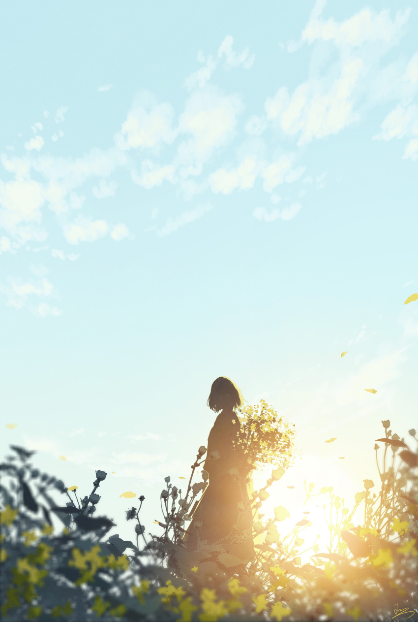 1girl absurdres arms_at_sides blue_sky bush clouds dress facing_away falling_leaves from_behind highres leaf lens_flare long_dress morning original outdoors plant scenery short_hair signature silhouette sky skyrick9413 solo sun sunrise wide_shot