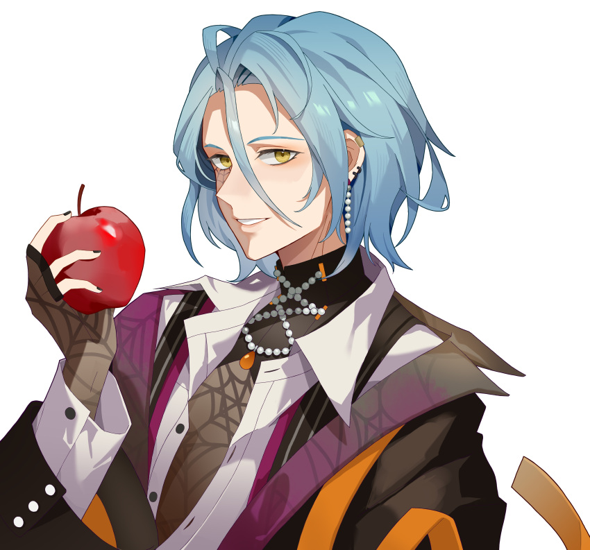 1boy absurdres apple beads black_jacket black_nails chinese_commentary closed_mouth collared_shirt commentary_request ensemble_stars! food fruit hair_between_eyes highres himeru_(ensemble_stars!) holding holding_food holding_fruit jacket jewelry long_sleeves male_focus miamante77 necklace open_clothes open_jacket open_shirt portrait shirt short_hair simple_background smile solo spider_web_tattoo white_background white_shirt yellow_eyes