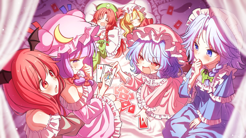 6+girls bare_shoulders beret blonde_hair blue_dress blue_eyes blue_hair bow braid brown_dress card closed_eyes closed_mouth clownpiece commentary_request commission crescent crescent_hat_ornament double_bun dress drooling embodiment_of_scarlet_devil flandre_scarlet frilled_dress frilled_headwear frills green_ribbon hair_bun hat hat_bow hat_ornament head_wings highres holding holding_card holding_pillow hong_meiling hug hug_from_behind izayoi_sakuya joker_(playing_card) koakuma looking_at_another mob_cap multiple_girls off-shoulder_dress off_shoulder old_maid parted_bangs patchouli_knowledge pillow pink_dress playing_card purple_hair red_bow red_eyes redhead remilia_scarlet ribbon skeb_commission sleeping sleepover smile sweatdrop touhou violet_eyes waramori_fuzuka wings worried yin_yang yin_yang_print