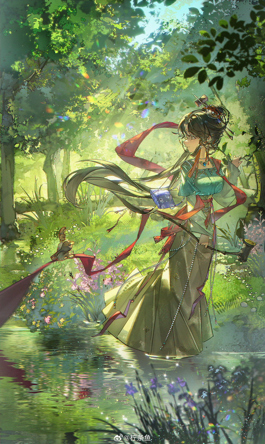 1girl absurdres bag black_eyes black_hair blue_bag blue_sky branch breasts chinese_clothes chinese_hairpin day dipper facial_mark floating_hair flower forehead_mark forest full_body grass green_shirt green_theme hair_bun hair_ornament hand_up handbag hanfu highres holding holding_branch holding_spoon jewelry jiu_niangzi layered_sleeves leaf long_hair long_skirt long_sleeves looking_to_the_side nature necklace ningtiaoyu outdoors pink_flower profile red_shawl reverse:1999 shawl shirt short_over_long_sleeves short_sleeves skirt sky smile solo spoon statuette sunlight tassel tassel_hair_ornament tree turning_head very_long_hair wading water weibo_logo weibo_username white_sleeves yellow_skirt