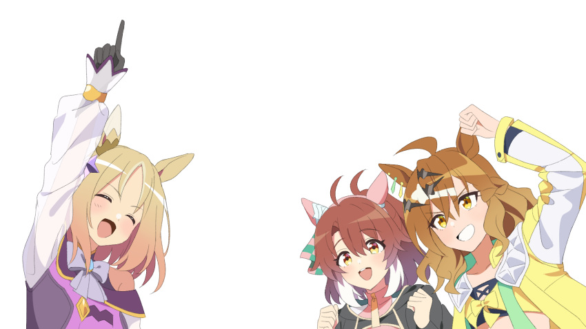 3girls ahoge animal_ears arm_up black_gloves blonde_hair blush brown_eyes brown_hair clenched_hand clenched_hands closed_eyes colored_tips commentary_request dantsu_flame_(umamusume) dress ear_covers ear_ornament earrings gloves grin hair_between_eyes hair_ornament highres hood hoodie horse_ears horse_girl jacket jewelry jungle_pocket_(umamusume) multicolored_hair multiple_girls narita_top_road_(umamusume) open_clothes open_jacket open_mouth pointing pointing_up purple_dress ryuu_(ryuraconis) single_earring smile streaked_hair transparent_background umamusume upper_body white_hair x_hair_ornament yellow_jacket