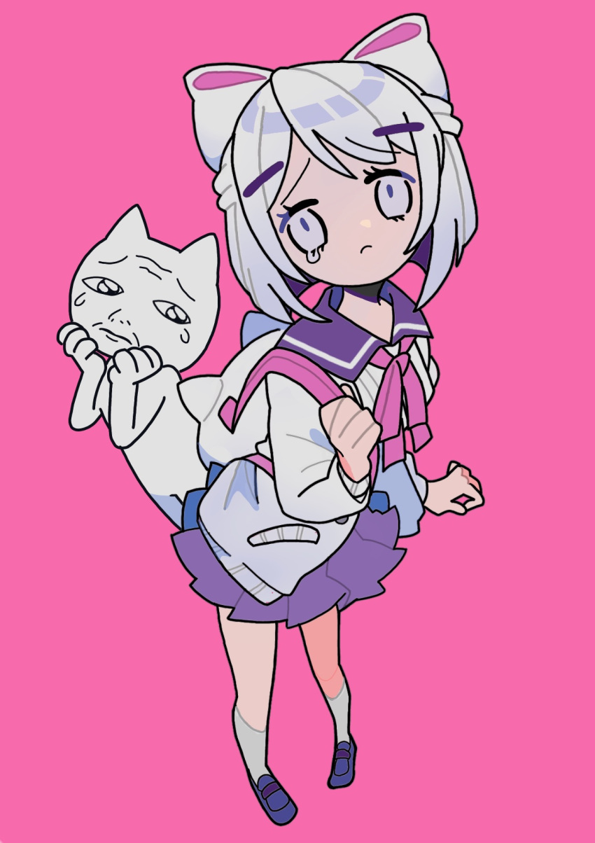 1boy 1girl animal_bag arm_at_side backpack bag behind_another blue_footwear blunt_ends bob_cut bow cardigan cat_boy commentary_request crying crying_with_eyes_open finder_oji-san foreshortening frown full_body hair_bow hair_ornament hairclip half_updo hands_up highres holding_strap indie_virtual_youtuber jbs0 kneehighs loafers long_sleeves looking_at_viewer neck_ribbon open_cardigan open_clothes pink_background pink_ribbon purple_sailor_collar purple_skirt ribbon sailor_collar school_uniform serafuku shoes short_hair simple_background skirt socks standing tearing_up tears uyuyu-chang virtual_youtuber white_bag white_bow white_cardigan white_hair white_socks wrinkled_skin