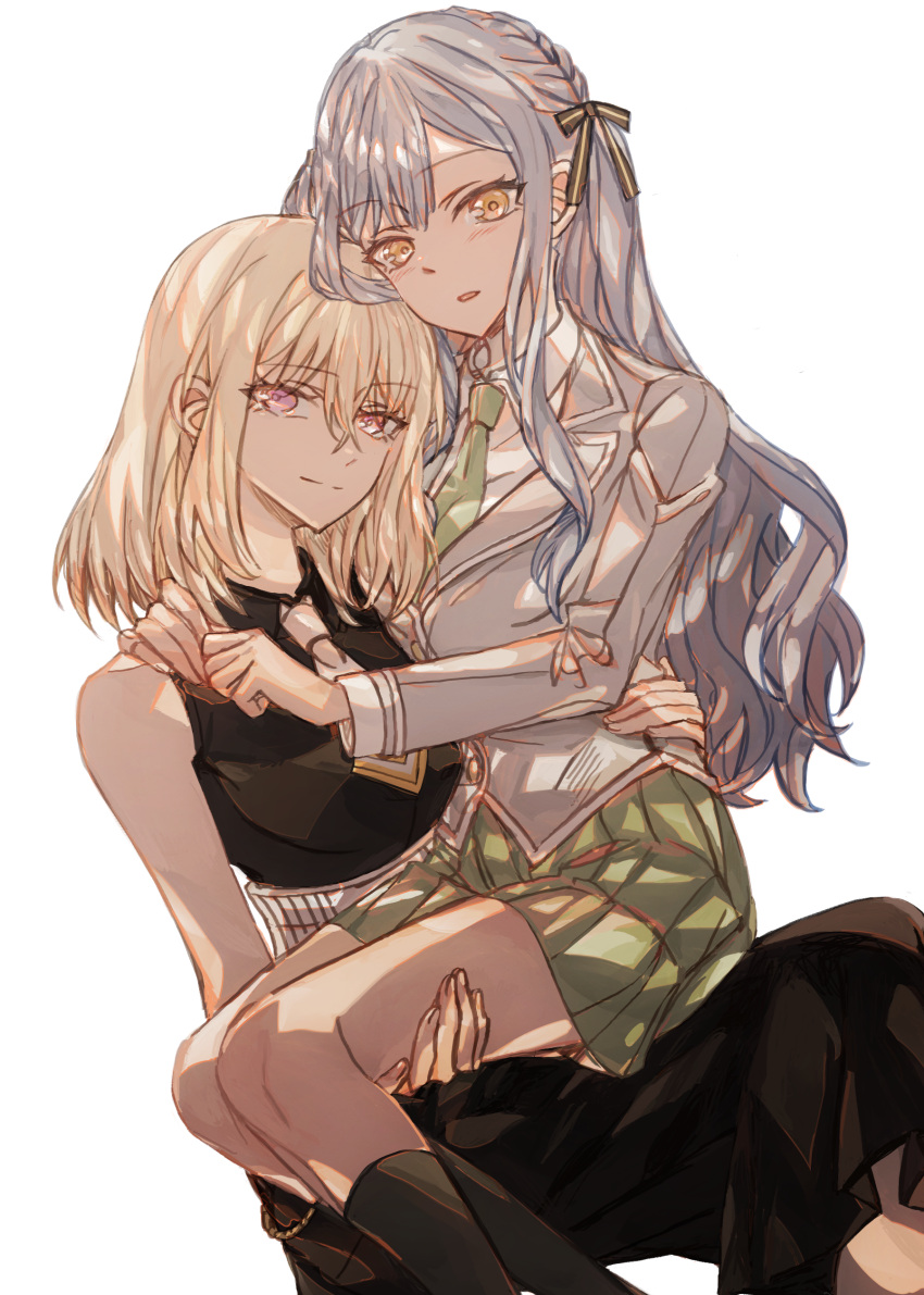 2girls absurdres bad_id bad_pixiv_id bang_dream! bang_dream!_it's_mygo!!!!! bare_arms black_dress black_ribbon black_socks blonde_hair blue_hair blush carrying closed_mouth collared_shirt dress green_necktie green_skirt grey_jacket hair_ribbon hand_on_another's_thigh hand_on_another's_waist hands_on_another's_shoulders haneoka_school_uniform highres jacket junjun_(kimi-la) long_hair long_sleeves looking_at_viewer medium_hair misumi_uika multiple_girls necktie parted_lips pleated_skirt princess_carry ribbon school_uniform shirt simple_background sitting sitting_on_lap sitting_on_person skirt sleeveless sleeveless_dress smile socks togawa_sakiko violet_eyes white_background white_necktie white_shirt yellow_eyes yuri
