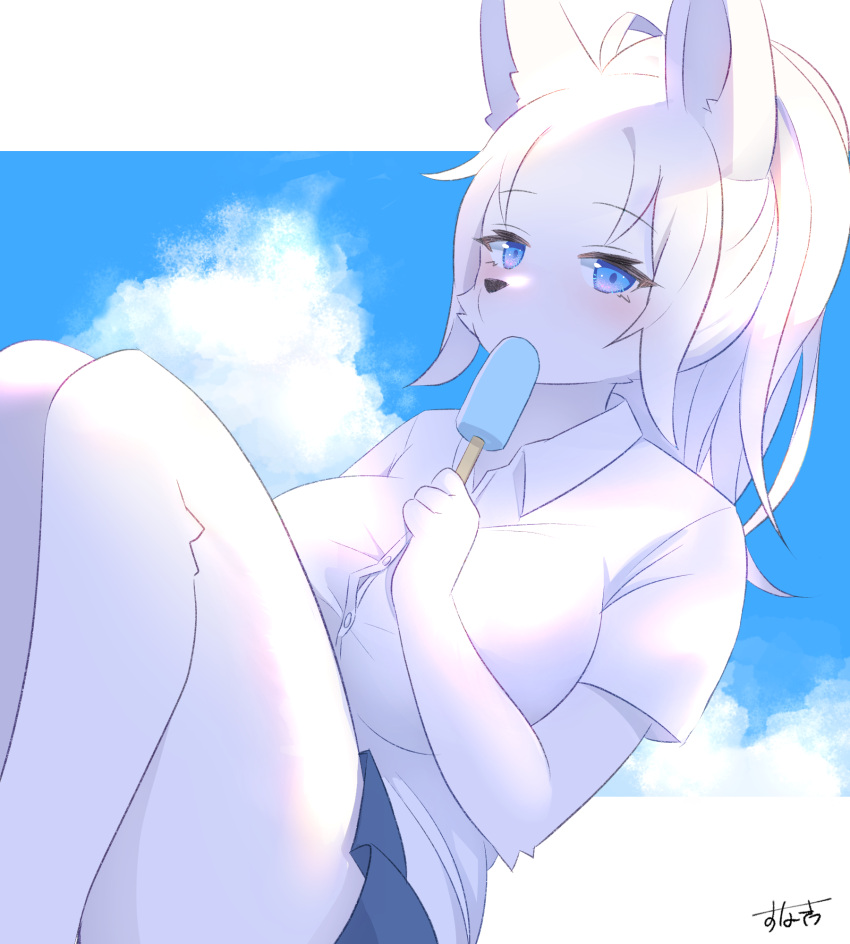 1girl animal_ears animal_nose blue_eyes blue_skirt blush body_fur breasts clouds cloudy_sky food fox_ears fox_girl furry furry_female highres holding holding_food holding_ice_cream ice_cream ichigotoofu large_breasts looking_at_viewer original shirt skirt sky snout solo white_fur white_shirt
