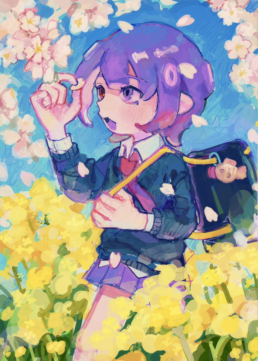 1girl :d arm_up bag bag_charm blue_background blue_bag blue_cardigan blush cardigan charm_(object) collared_shirt colored_tongue commentary_request cowboy_shot falling_petals flower heterochromia highres holding holding_petal looking_at_flowers looking_at_object medium_hair miniskirt necktie octoling octoling_girl octoling_player_character open_mouth petals pink_flower pleated_skirt purple_hair purple_skirt purple_tongue red_eyes red_necktie school_bag school_uniform shirt shoulder_bag skirt smile solo splatoon_(series) standing suction_cups tentacle_hair urcmvi violet_eyes white_shirt yellow_flower