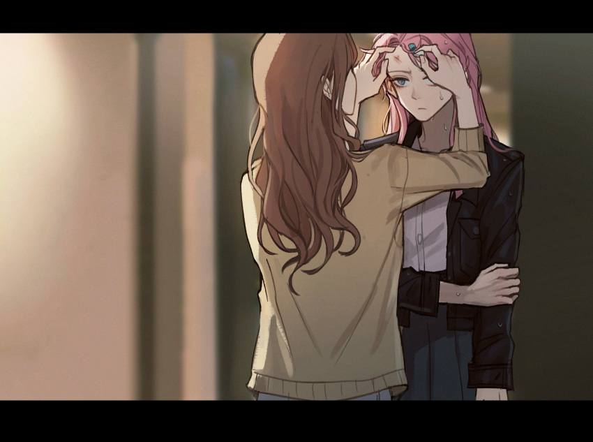 2girls applying_bandaid bang_dream! bang_dream!_it's_mygo!!!!! black_jacket blurry blurry_background brown_hair brown_jacket chihaya_anon closed_mouth commentary_request dress_shirt grabbing_own_arm grey_eyes grey_skirt highres injury jacket letterboxed long_hair long_sleeves looking_at_another multiple_girls nagasaki_soyo open_clothes open_jacket pink_hair pleated_skirt shirt sidelocks skirt tcn_tancha thai_commentary wet white_shirt