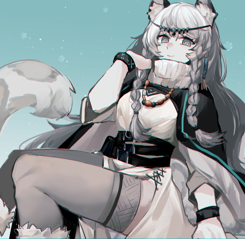 1girl arknights bad_hands belt black_belt black_cloak bracelet braided_sidelock cloak commentary_request dress feet_out_of_frame fur-trimmed_footwear fur_trim grey_eyes grey_hair grey_thighhighs hand_up head_chain highres infection_monitor_(arknights) jewelry long_hair looking_at_viewer necklace pramanix_(arknights) scarf smile snow_leopard_ears snow_leopard_girl snow_leopard_tail solo thigh-highs wavy_hair white_dress white_scarf yukinohito_(koutyanomitai)