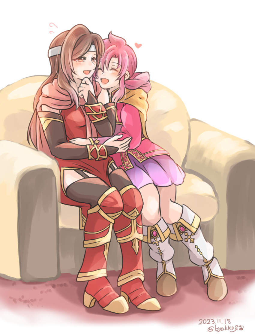2girls altena_(fire_emblem) aristocratic_clothes armor armored_boots black_garter_straps boots brown_eyes brown_hair byakkos cape closed_eyes couch ethlyn_(fire_emblem) fire_emblem fire_emblem:_genealogy_of_the_holy_war fire_emblem:_thracia_776 garter_straps headband highres mother_and_daughter multiple_girls on_couch open_mouth pink_hair red_armor thigh-highs white_headband yellow_cape