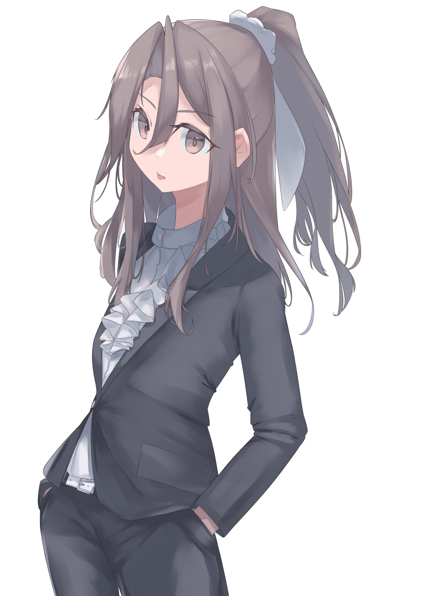 1girl absurdres aged_up alternate_costume ascot black_jacket black_pants brown_eyes brown_hair fei_(feikotake) frilled_ascot frills hair_ribbon hands_in_pockets high_ponytail highres jacket kantai_collection long_hair pant_suit pants ribbon simple_background solo suit suit_jacket white_ascot white_background zuihou_(kancolle)