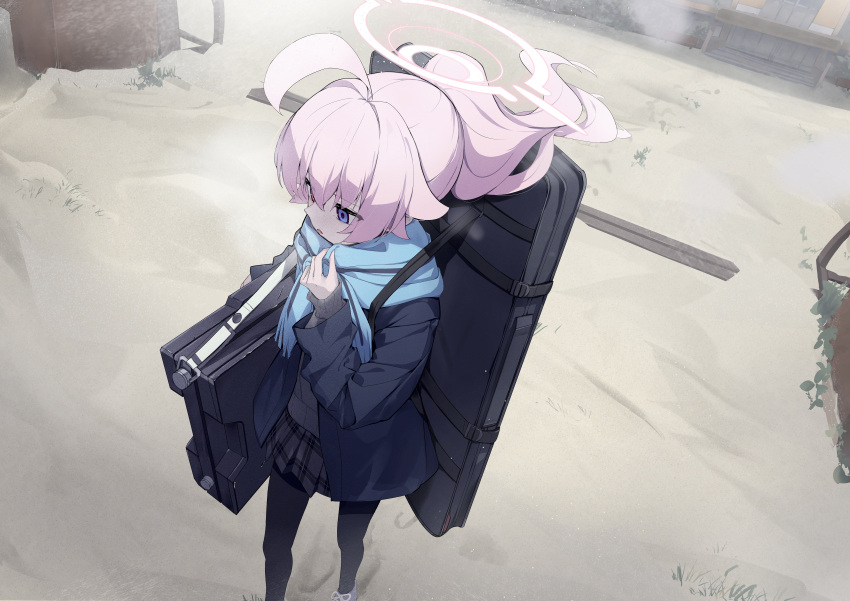 1girl :o absurdres ahoge black_jacket black_pantyhose blue_archive blue_eyes blue_scarf carrying_over_shoulder feet_out_of_frame floating_hair fringe_trim from_above grey_shirt grey_skirt halo hand_up heterochromia highres hoshino_(blue_archive) jacket long_hair long_sleeves looking_ahead miniskirt open_mouth orange_eyes pantyhose pink_hair plaid plaid_skirt pleated_skirt ponytail scarf school_uniform shirt skirt solo walking weapon_case yamada_auto