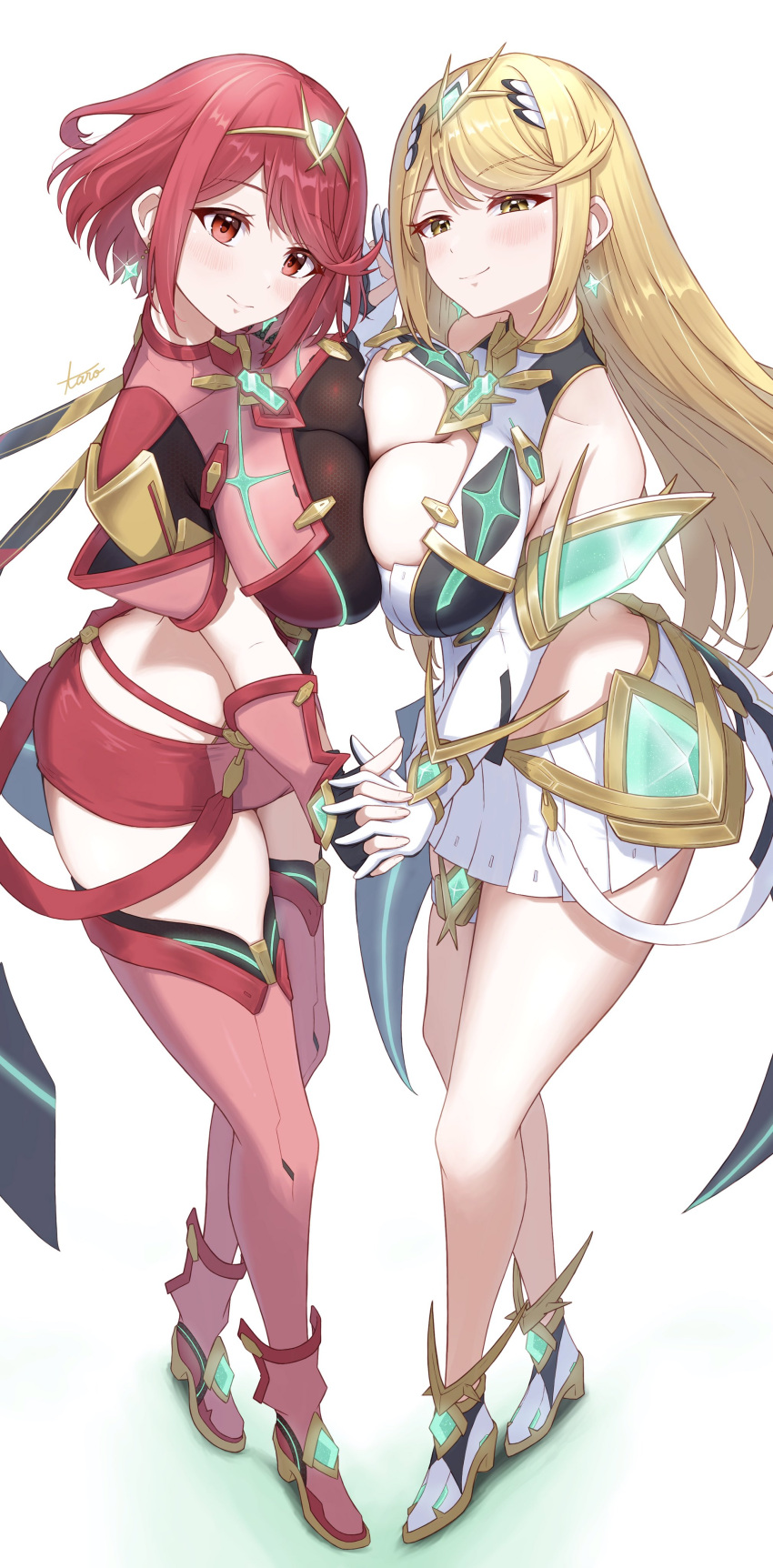 absurdres blonde_hair chest_jewel cleavage_cutout clothing_cutout core_crystal_(xenoblade) dangle_earrings dress drop_earrings earrings gem girl_sandwich headpiece highres holding_hands impossible_clothes jewelry light_smile looking_at_viewer microdress mythra_(xenoblade) pyra_(xenoblade) red_eyes red_shorts redhead sandwiched shorts taro_(peach_taro51) thigh-highs tiara xenoblade_chronicles_(series) xenoblade_chronicles_2 yellow_eyes