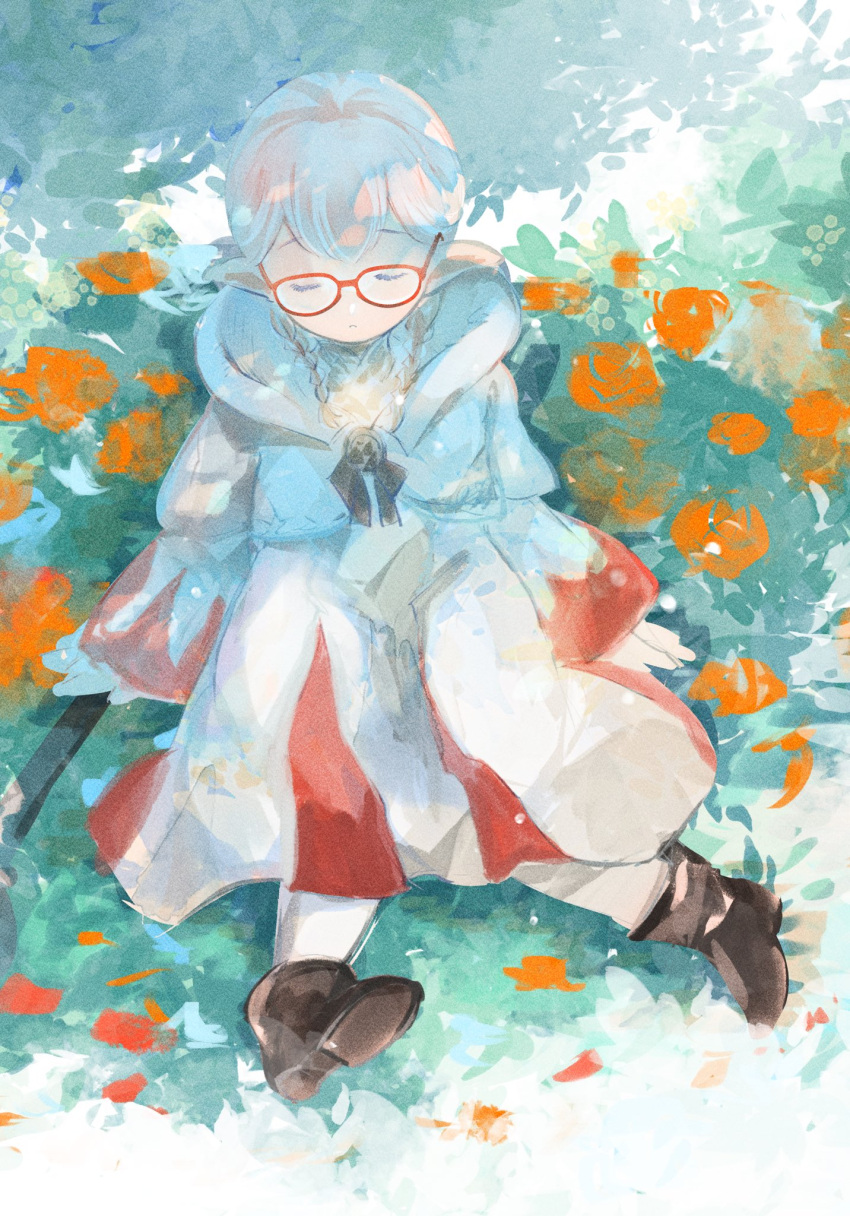 1girl boots braid brown_footwear cat_earth2 closed_eyes final_fantasy final_fantasy_xiv glasses highres hood hood_down lalafell multicolored_clothes on_grass parted_lips pointy_ears red-framed_eyewear robe solo twin_braids warrior_of_light_(ff14) white_hair white_mage_(final_fantasy) white_robe