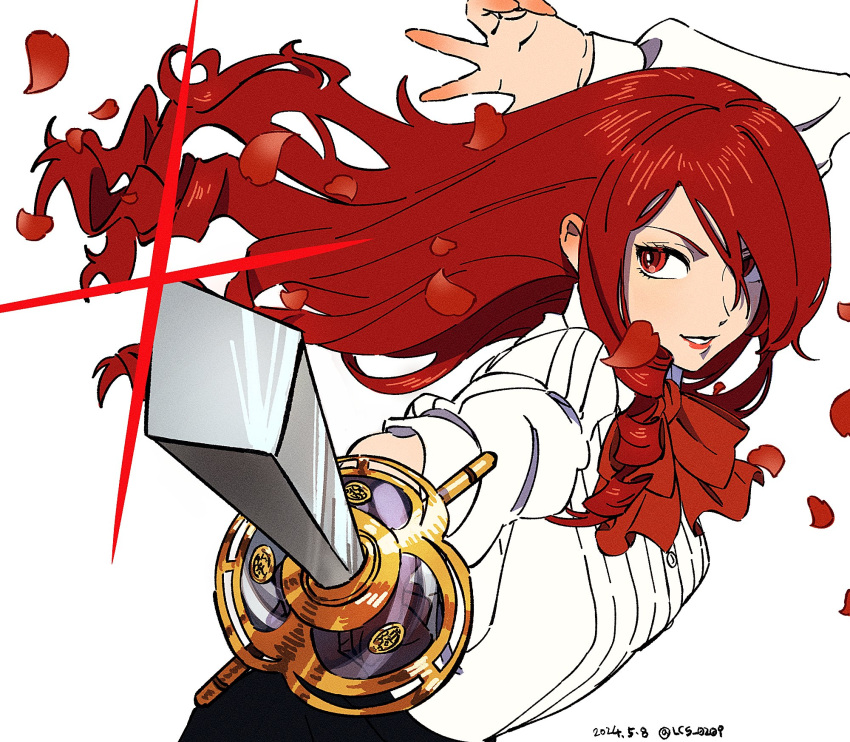 1girl arm_up black_skirt bow bowtie collared_shirt commentary dated falling_petals floating_hair from_side glint hair_between_eyes highres holding holding_sword holding_weapon kirijou_mitsuru korean_commentary lcs_0209 long_hair long_sleeves looking_at_viewer looking_to_the_side persona persona_3 persona_3_reload petals pointing pointing_at_viewer red_bow red_bowtie red_eyes red_lips redhead shirt skirt solo sword twitter_username upper_body weapon white_background white_shirt