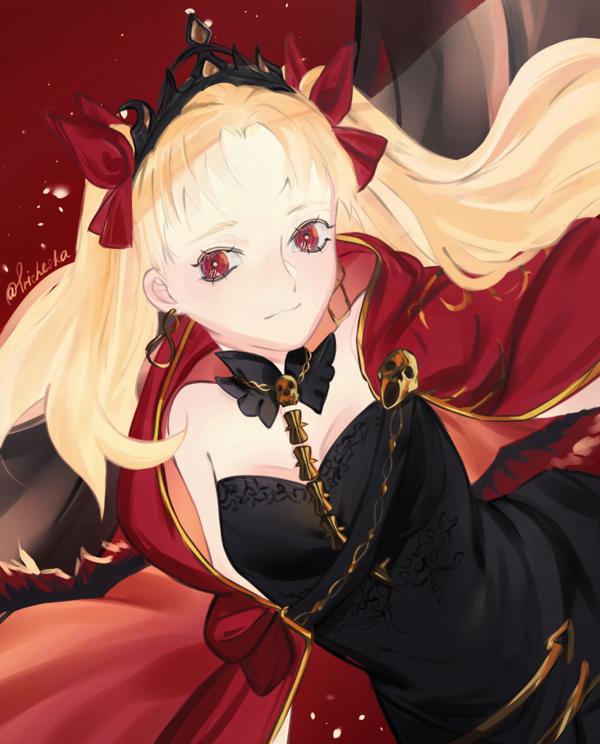 1girl absurdres blonde_hair blush bow cloak dress earrings ereshkigal_(fate) fate/grand_order fate_(series) hair_bow highres hoop_earrings jewelry parted_bangs red_cloak red_eyes red_ribbon ribbon skull_ornament smile solo tiara tricheska twintails two_side_up