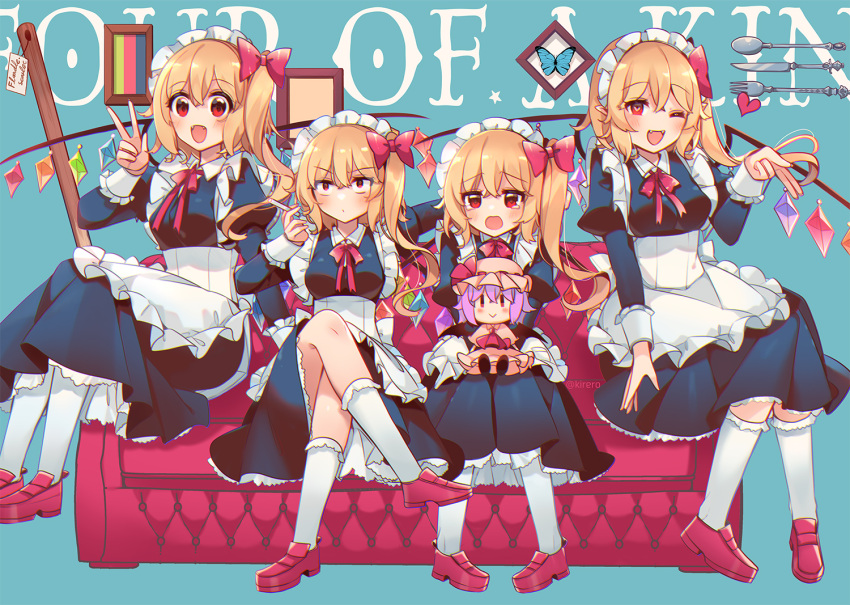 4girls alternate_costume apron black_dress blue_background cigarette clone couch crossed_legs dress english_text flandre_scarlet four_of_a_kind_(touhou) heart holding holding_cigarette kirero looking_at_viewer maid maid_apron maid_headdress multiple_girls on_couch rainbow_wings remilia_scarlet smile smoking stuffed_toy touhou white_apron white_headdress