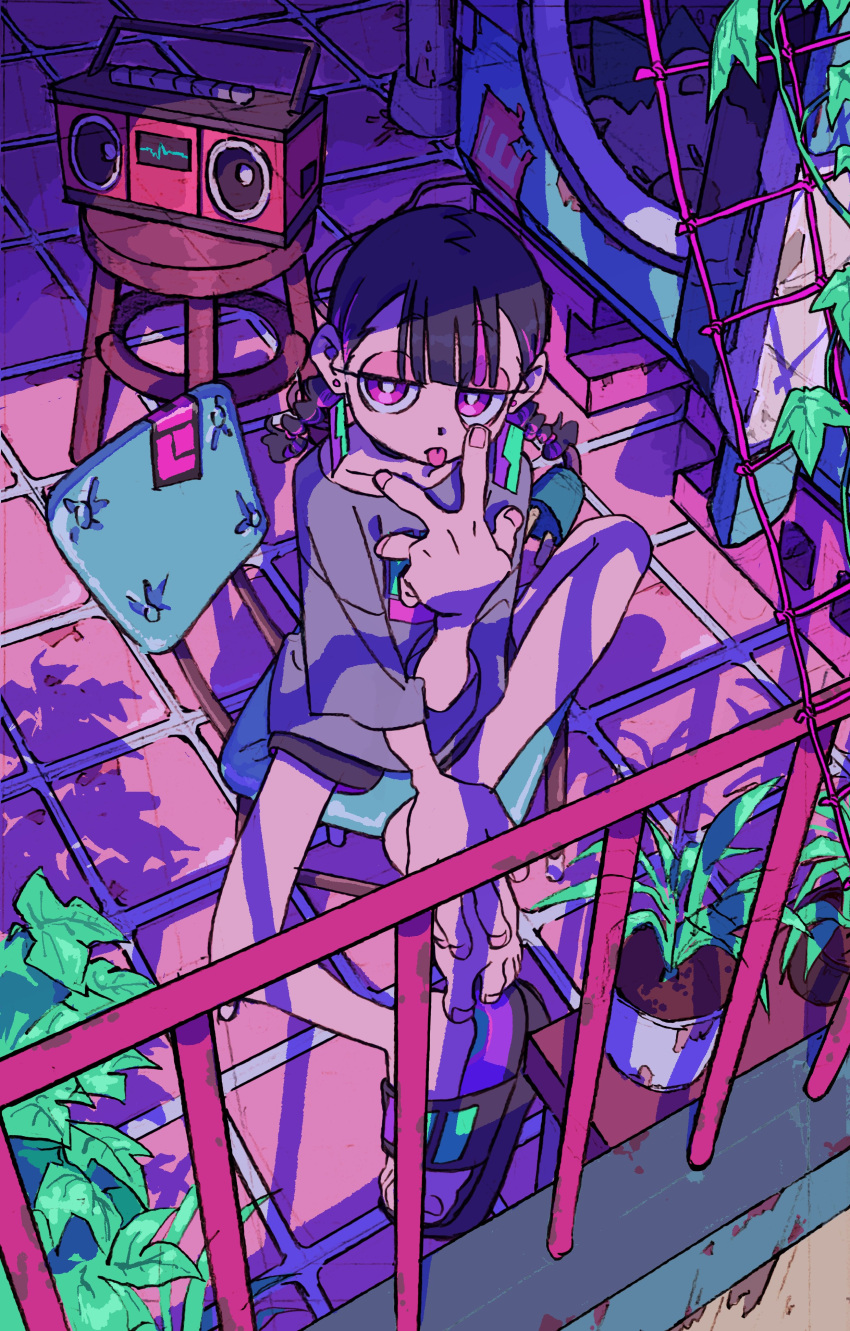 1girl absurdres alternate_hairstyle balcony black_shorts boombox braid collarbone earrings english_commentary grey_footwear grey_shirt hanabushi hand_on_own_foot highres jewelry leaf looking_at_viewer medium_hair multicolored_hair nira-chan official_art pillow pink_hair plant potted_plant print_shirt purple_hair sandals shirt shorts single_sandal solo stool tongue tongue_out twin_braids two-tone_hair v violet_eyes washing_machine zutto_mayonaka_de_ii_no_ni