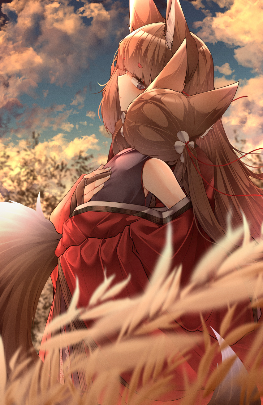 2girls absurdres amagi-chan_(azur_lane) amagi_(azur_lane) animal_ears azur_lane bare_shoulders blush brown_hair carrying carrying_person eyeshadow flower fox_ears fox_girl fox_tail full_body hair_flower hair_ornament hand_on_another's_back hand_up highres hug japanese_clothes kimono kitsune leaning_on_person long_hair looking_at_another makeup multiple_girls multiple_tails off_shoulder outdoors red_eyeshadow red_kimono samip slit_pupils smile sunset tail twintails very_long_hair violet_eyes white_flower