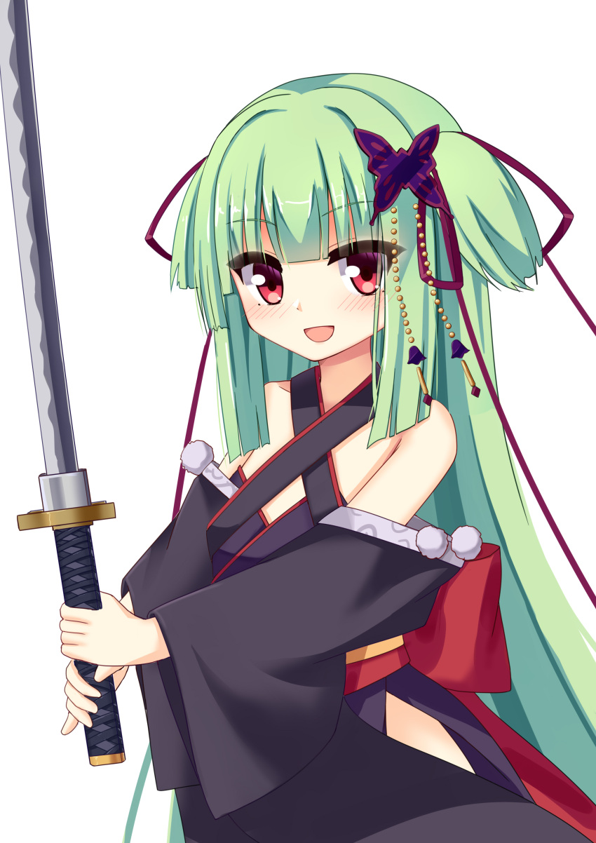 1girl :d absurdres back_bow bare_shoulders black_kimono blunt_bangs blunt_ends blush bow butterfly_hair_ornament chinese_commentary commentary cowboy_shot criss-cross_halter eyes_visible_through_hair green_hair hair_ornament hair_ribbon halterneck highres hip_vent holding holding_sword holding_weapon japanese_clothes katana kimono long_hair long_ribbon long_sleeves murasame_(senren) open_mouth pom_pom_(clothes) red_bow red_eyes red_ribbon ribbon senren_banka shu_pian sidelocks simple_background smile solo straight_hair sword tsurime two_side_up very_long_hair weapon white_background wide_sleeves
