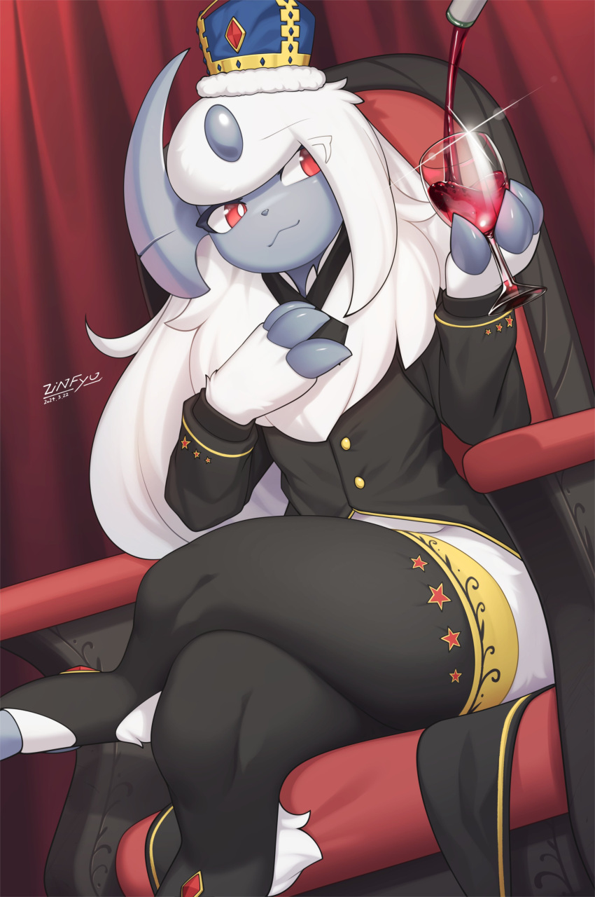 1girl absol absurdres artist_name black_jacket black_thighhighs crossed_legs crown cup dated drinking_glass furry furry_female highres holding holding_cup indoors jacket lute_(zinfyu) pokemon pokemon_(creature) red_curtains red_eyes red_wine simple_background sitting solo thigh-highs throne wine_glass zinfyu