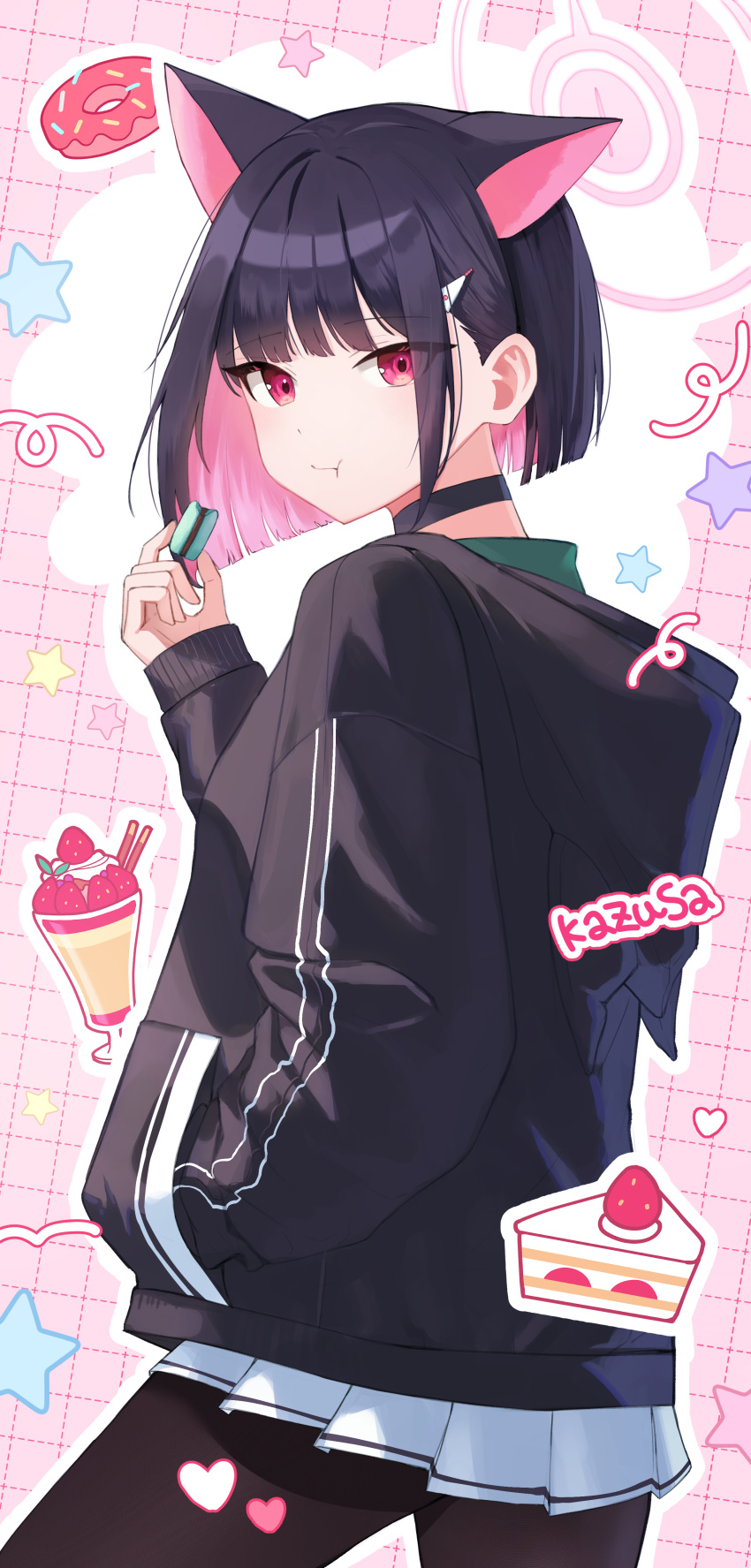 1girl absurdres animal_ears black_choker black_hair black_hoodie black_pantyhose blue_archive cake cake_slice cannyu cat_ears character_name choker closed_mouth commentary cowboy_shot eating extra_ears food food-themed_background from_behind halo hand_in_pocket hand_up highres holding holding_food hood hood_down hoodie kazusa_(blue_archive) long_sleeves looking_at_viewer looking_back macaron pantyhose pink_eyes pink_hair pink_halo short_hair solo