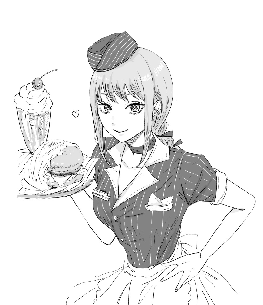 1girl absurdres apron bow breasts burger chainsaw_man commentary_request employee_uniform eyebrows_hidden_by_hair food hair_bow hand_on_own_hip heart highres holding holding_tray iing_naoe large_breasts makima_(chainsaw_man) milkshake narrow_waist ringed_eyes sidelocks skirt smile solo tray uniform upper_body waist_apron waitress